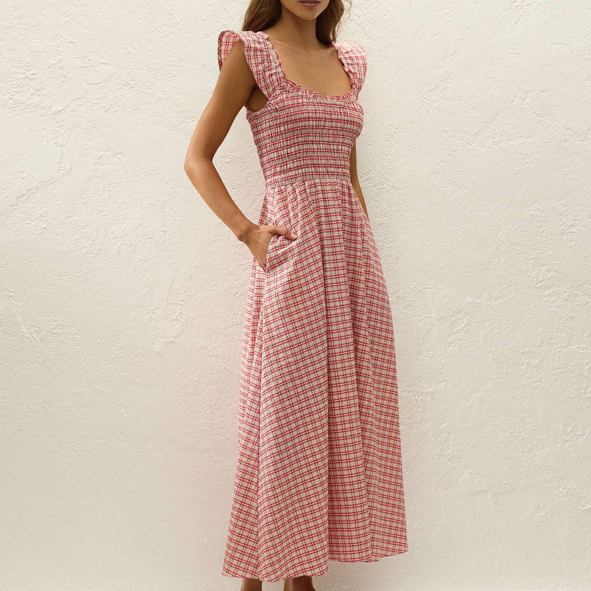 faithfull eudora ruffle-sleeve scoop-neck a-line midi dress Eudora Midi Dress Vintage Red Check, L / Vintage Red CHECK