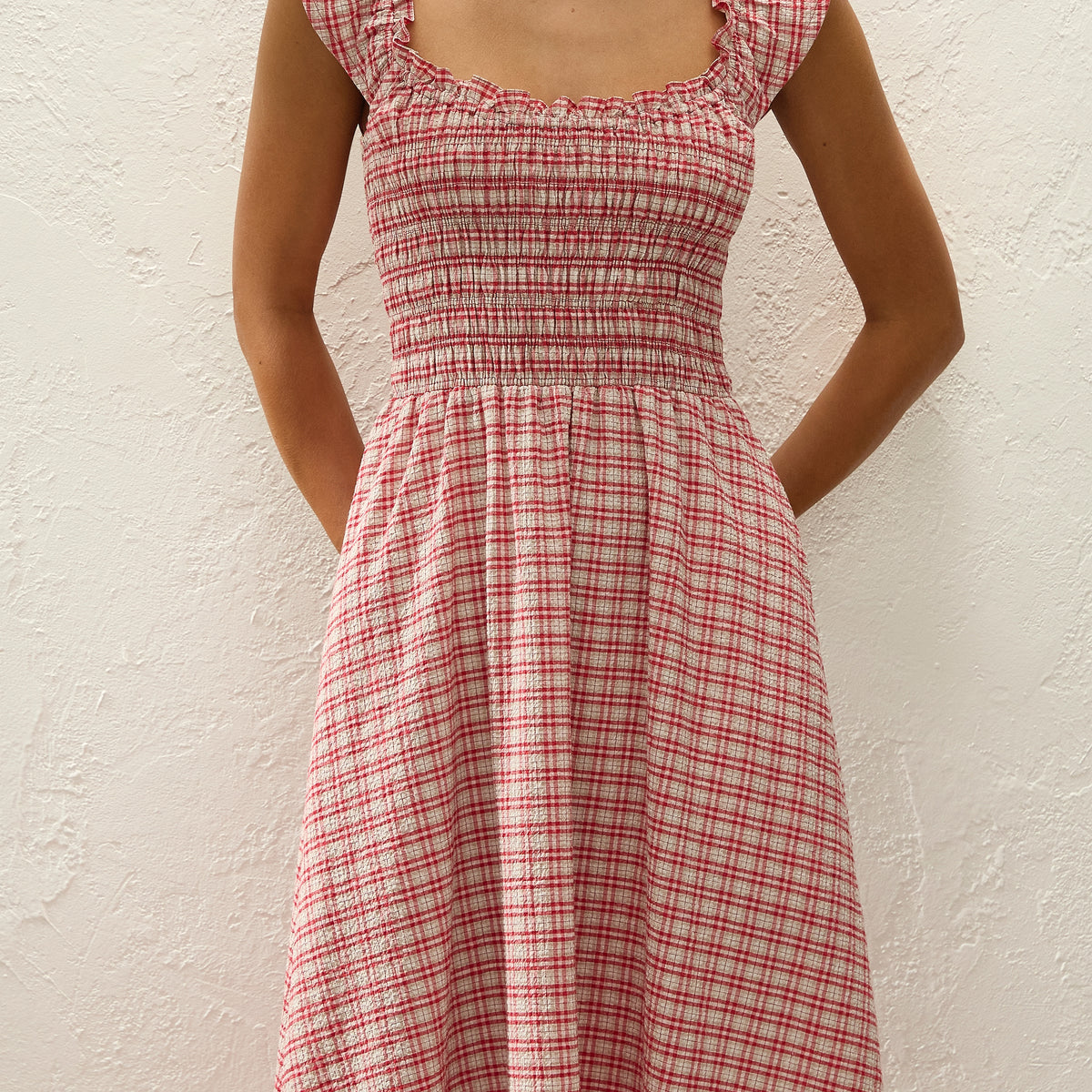 faithfull eudora ruffle-sleeve scoop-neck a-line midi dress Eudora Midi Dress Vintage Red Check