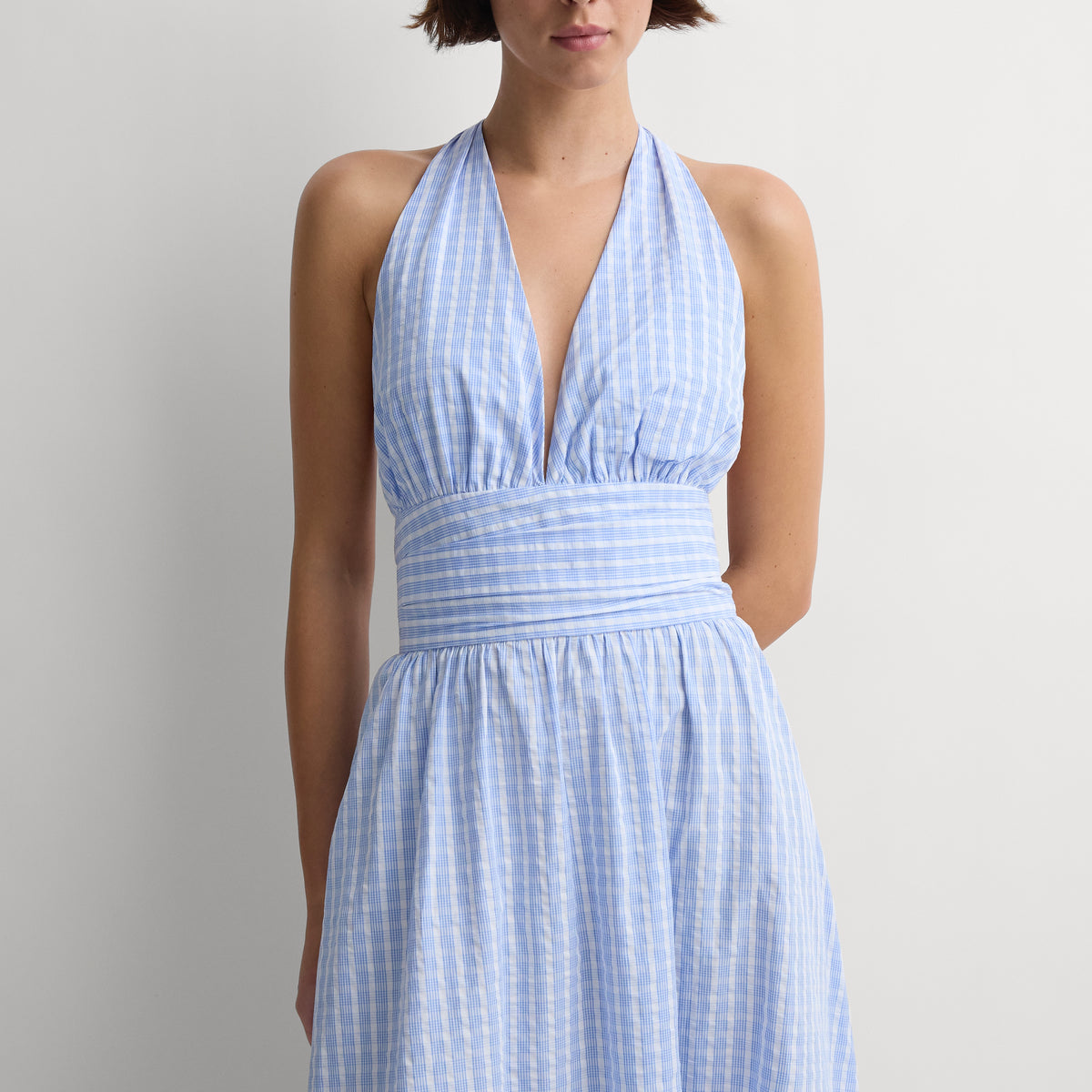 faithfull halter dress Lido Maxi Paloma Check Light Blue White Web Collection: Ibiza