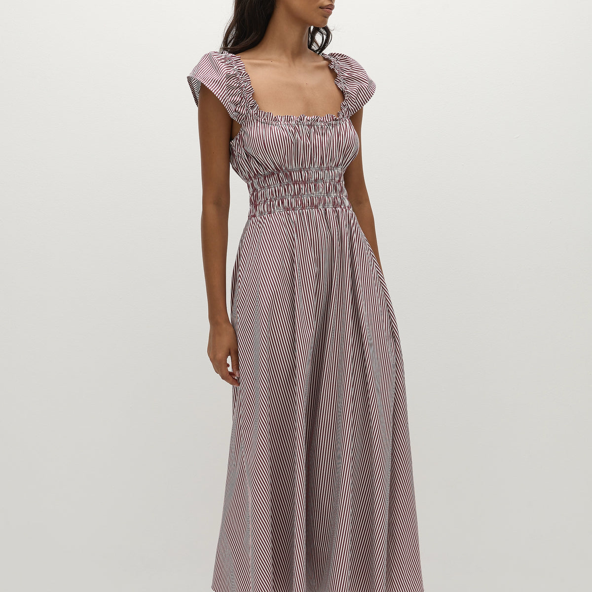 faithfull the brand maya midi dress Faithfull the Brand Jean Dress Maya Striped Cinnamon