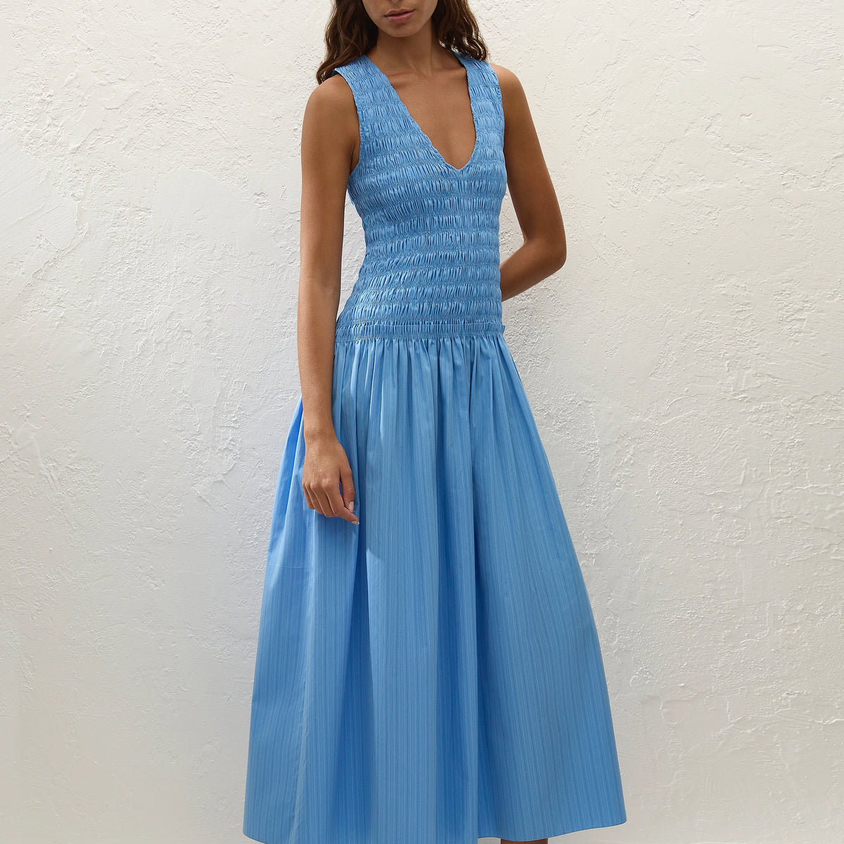 Faithfull | Women's Palomar Midi Dress Mico Pinstripe Azul | S Faithfull | Women's Palomar Midi Dress Mico Pinstripe Azul | S