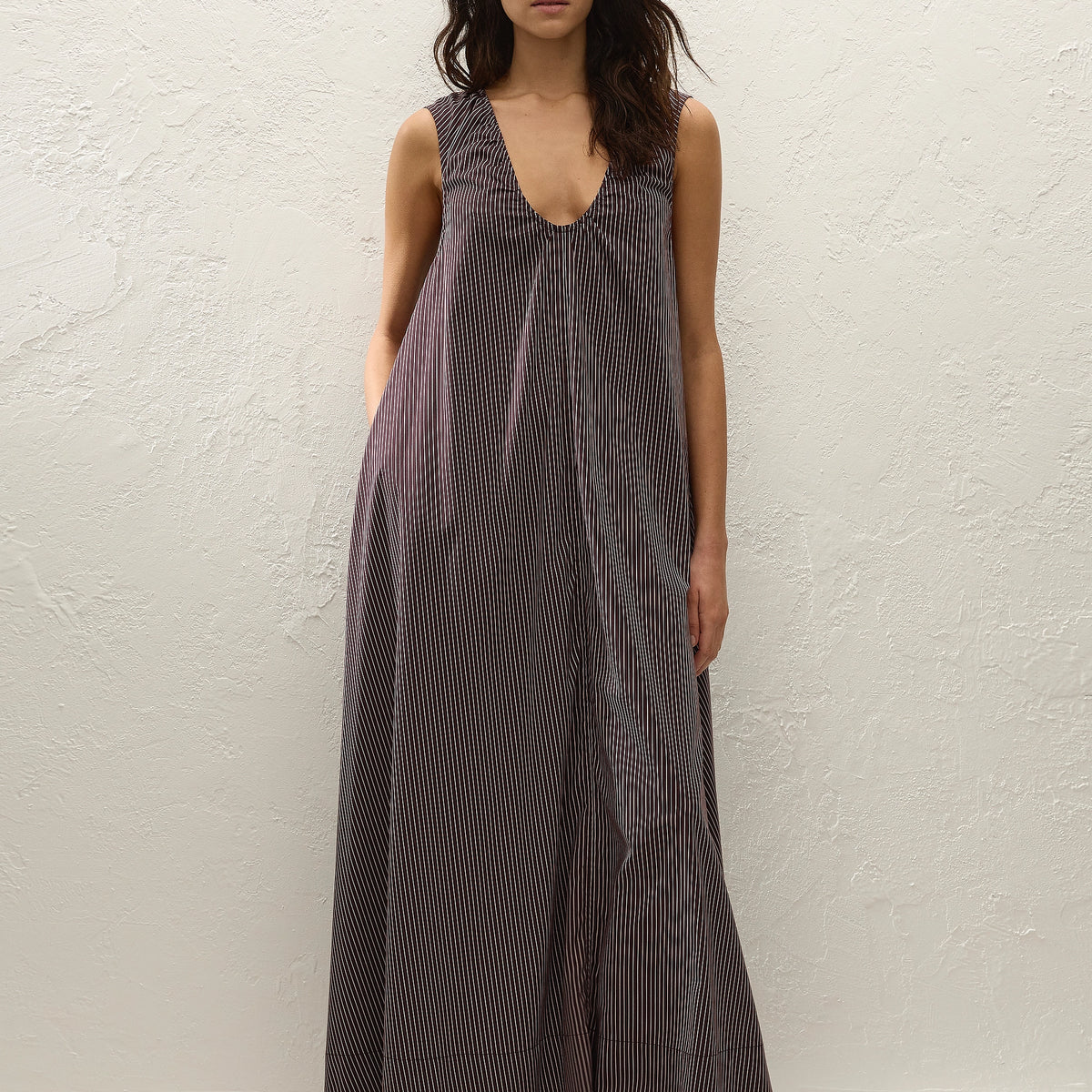 Pedrera Maxi Dress Rocio Pinstripe Chocolate Plum - Faithfull the