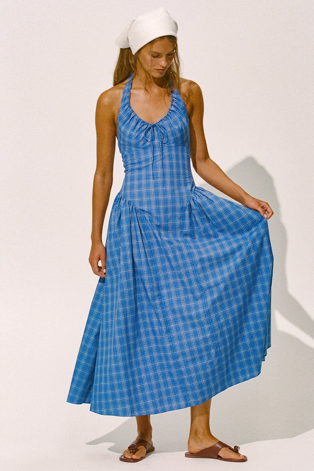 Del Ros Midi Dress Flor Check Cobalt - Faithfull the Brand INT