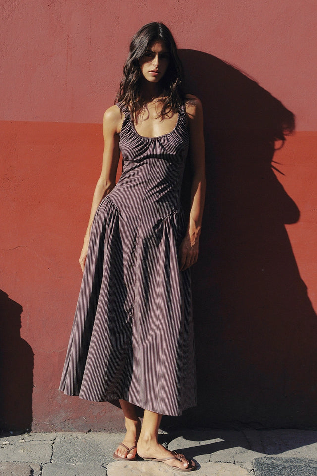 Faithfull | Women's Olas Midi Dress Rocio Pinstripe Chocolate Plum | XXL Faithfull | Women's Olas Midi Dress Rocio Pinstripe Chocolate Plum | XXL
