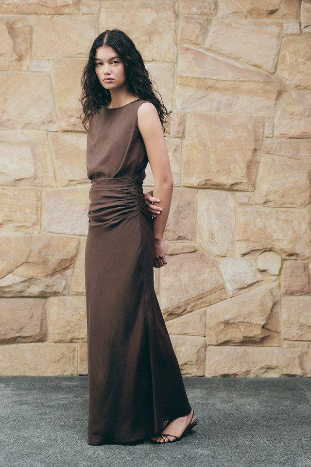 faithfull the brand brown dress FAITHFULL Marieka Midi Dress in Chocolate