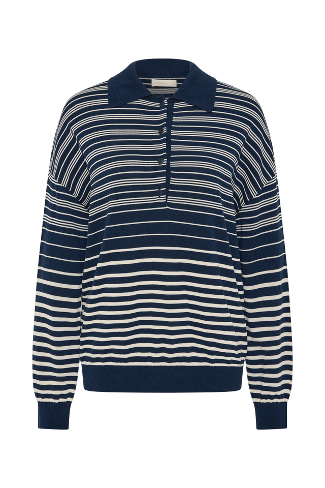 Harlow Oversized Polo Scandi Stripe Navy Cream