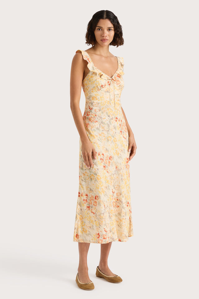 Yvonne Midi Dress Adeline Floral Yellow - Faithfull the Brand INT Yvonne Midi Dress Adeline Floral Yellow - Faithfull the Brand INT