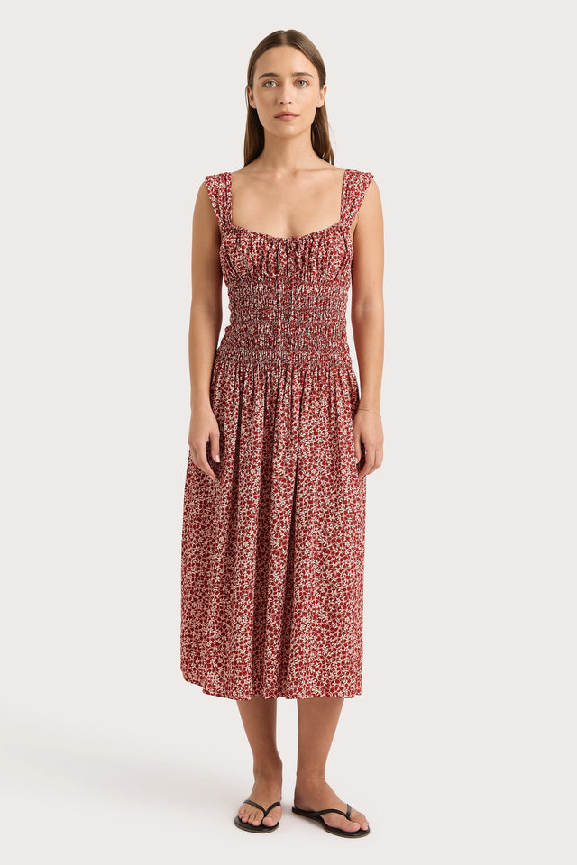 Yerres Midi Dress Peony Stamp Garnet