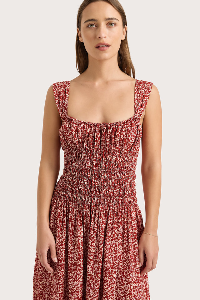 Yerres Midi Dress Peony Stamp Garnet