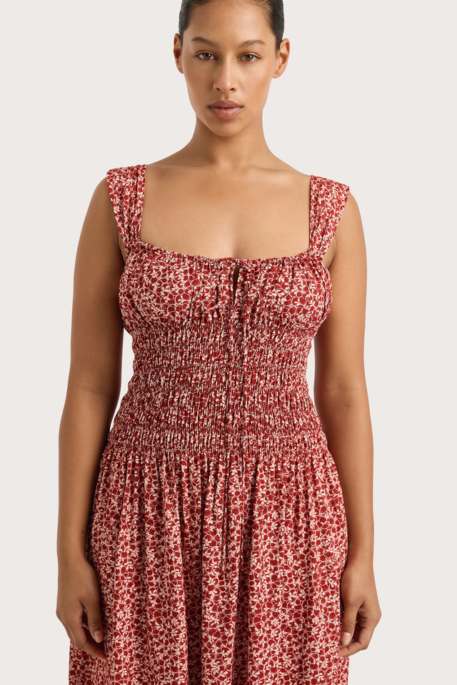 Yerres Midi Dress Peony Stamp Garnet