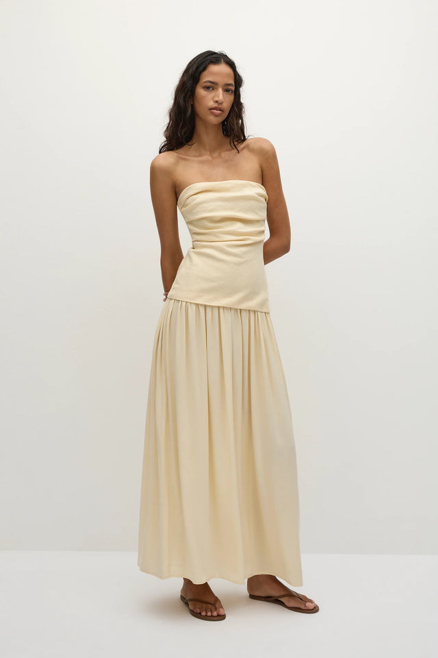 hedy maxi dress butter Faithfull The Brand Hedy Strapless Maxi Dress