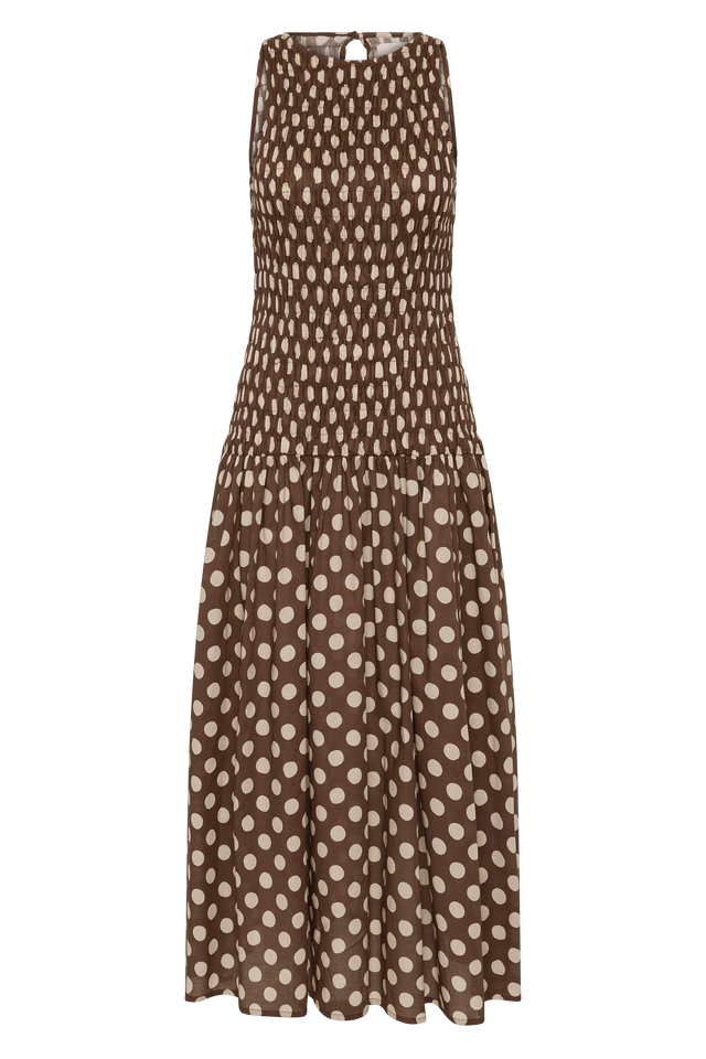 faithfull the brand polka dot midi dress Faithfull Murano Polka-dot Linen Halterneck Midi Dress - Women - Navy Dresses
