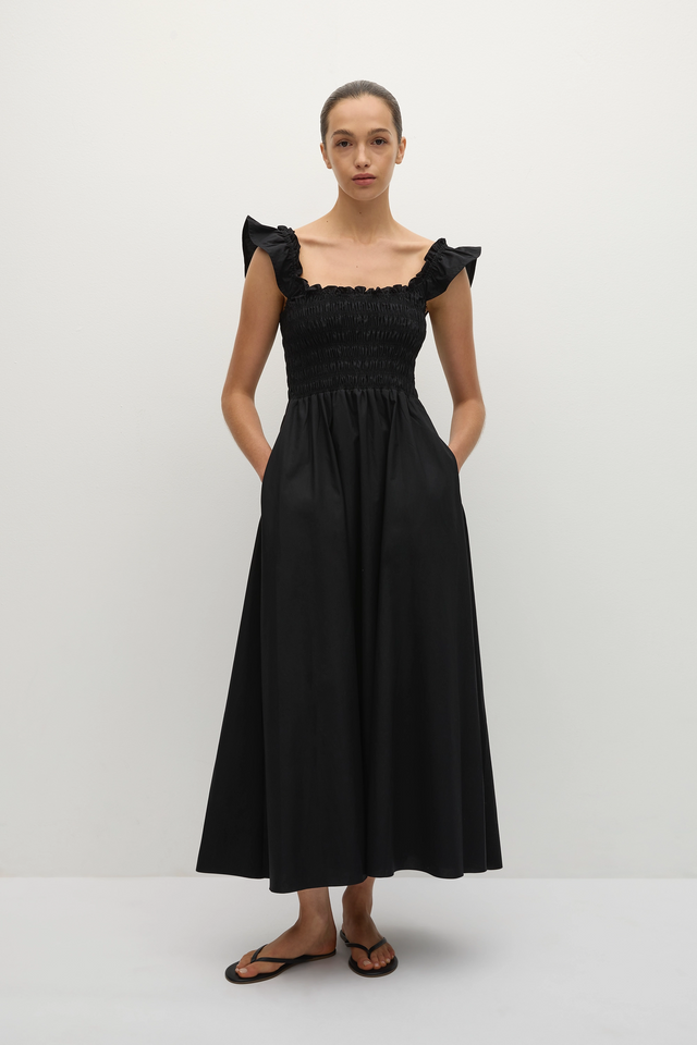 faithfull eudora ruffle-sleeve scoop-neck a-line midi dress Faithfull The Brand Women's Eudora Midi Dress Saint Bernard