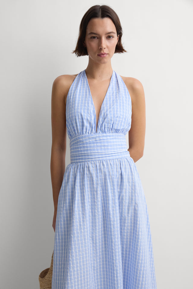 blue check maxi dress Lido Maxi Dress Paloma Check Light Blue White