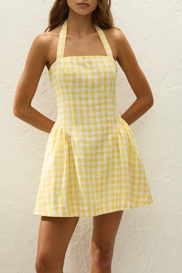 Venza Mini Dress Gingham Pale Yellow