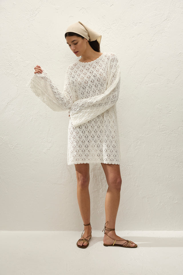 Romina Mini Dress Pointelle Knit Vintage White