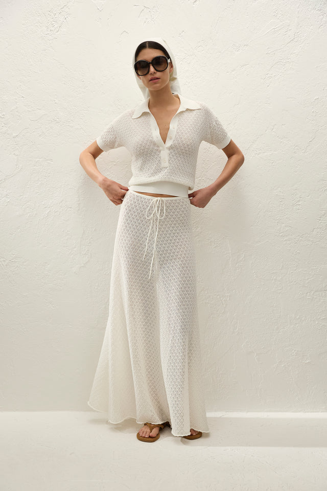 Lenna Polo Top Pointelle Lace Vintage White