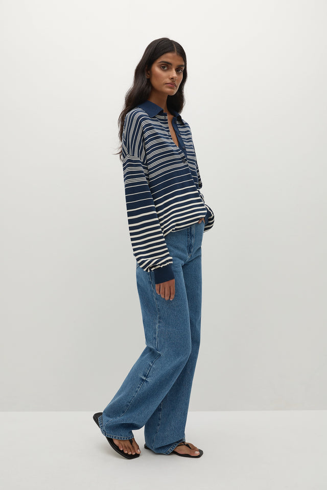 Harlow Oversized Polo Scandi Stripe Navy Cream