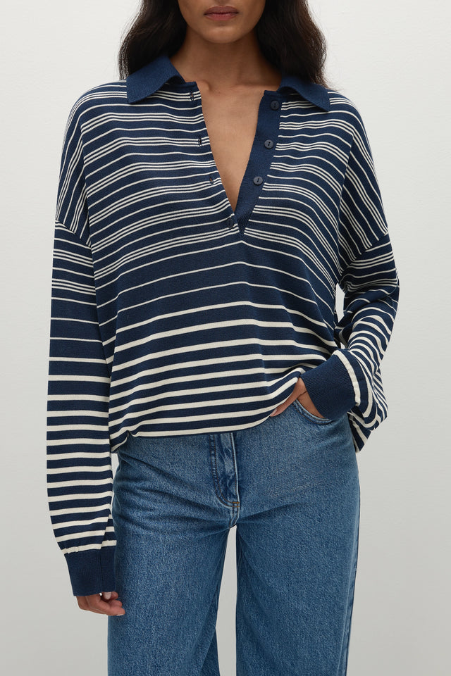 Harlow Oversized Polo Scandi Stripe Navy Cream