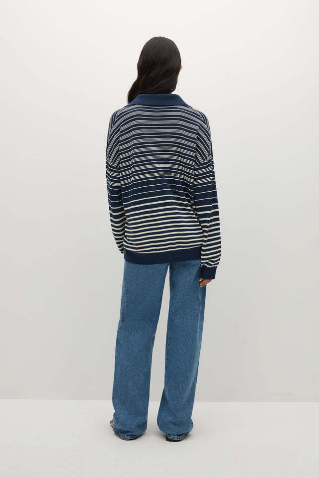 Harlow Oversized Polo Scandi Stripe Navy Cream