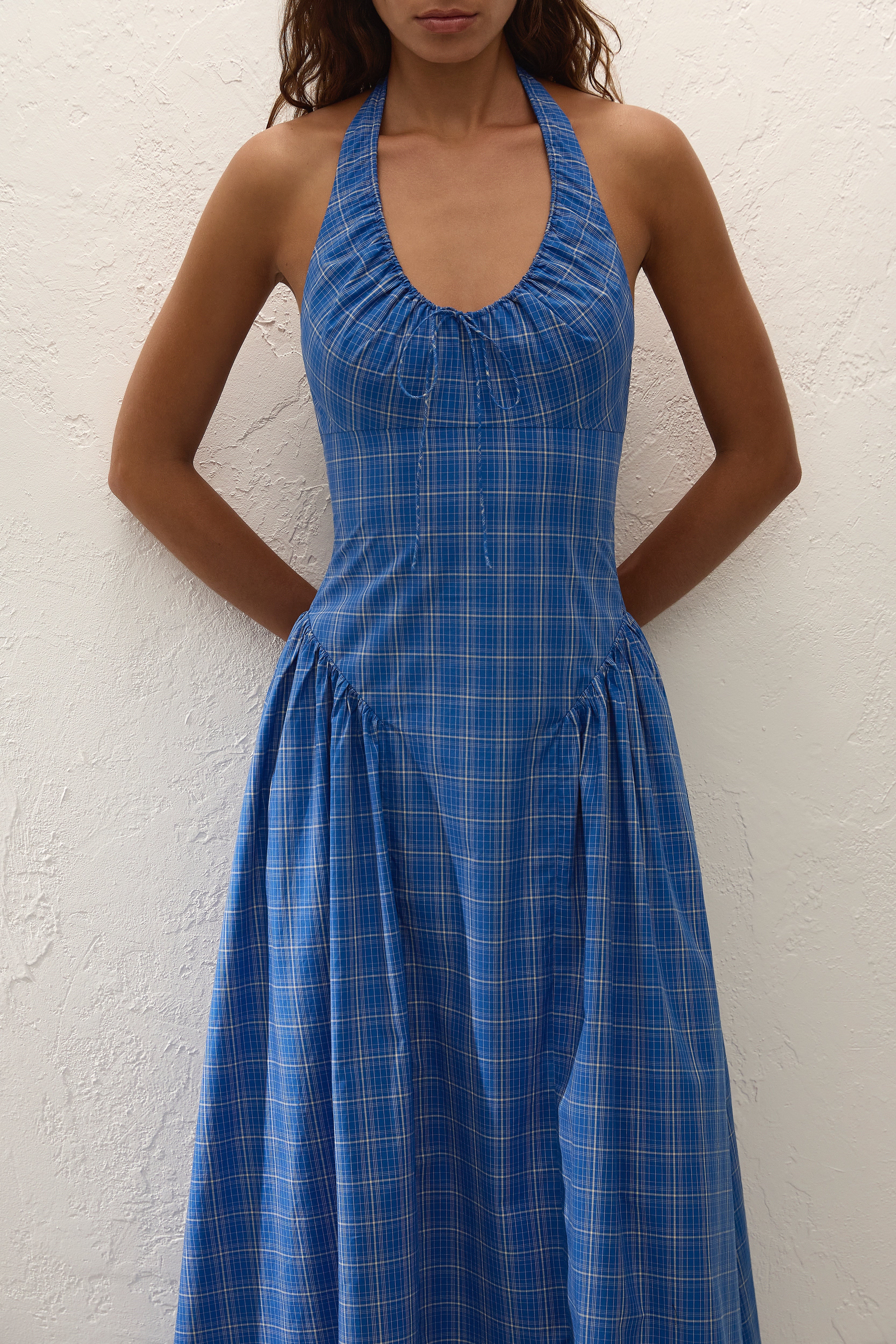 Del Ros Midi Dress Flor Check Cobalt - Faithfull the Brand INT