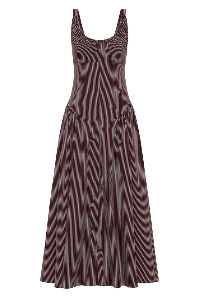Olas Midi Dress Rocio Pinstripe Chocolate Plum