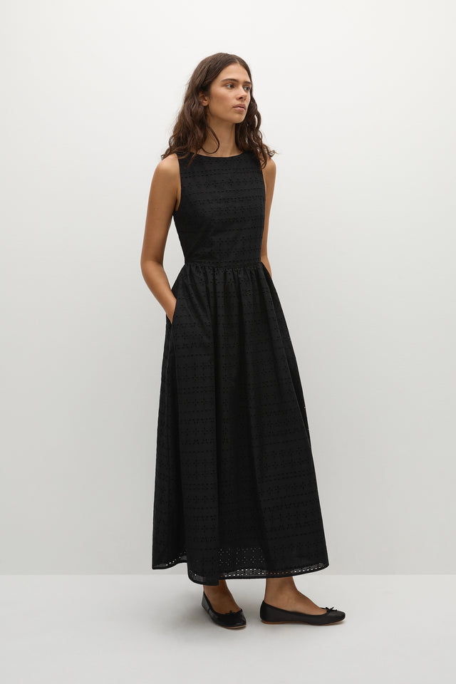 black broderie anglaise midi dress Stine Goya Embroidered Midi Dress Broderie Anglaise