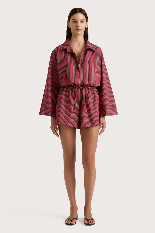 Faithfull The Brand Freja Playsuit in Burgundy Wine Stripe