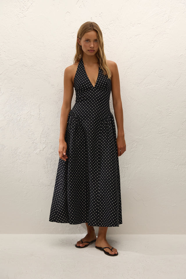 La Cala Midi Dress Lola Polka Dot Black Cream