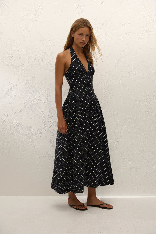 La Cala Midi Dress Lola Polka Dot Black Cream