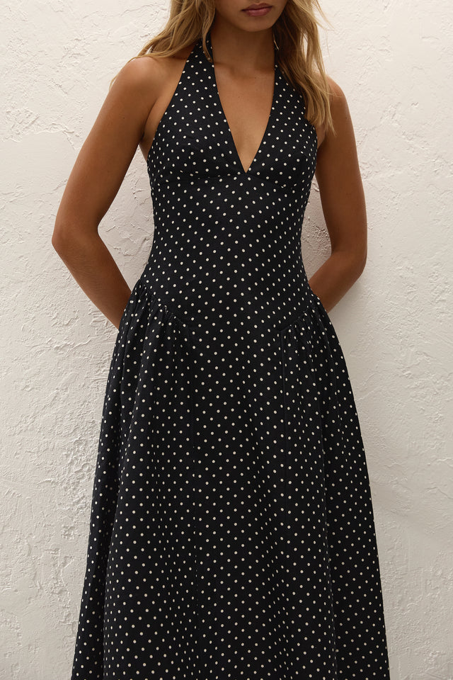 La Cala Midi Dress Lola Polka Dot Black Cream