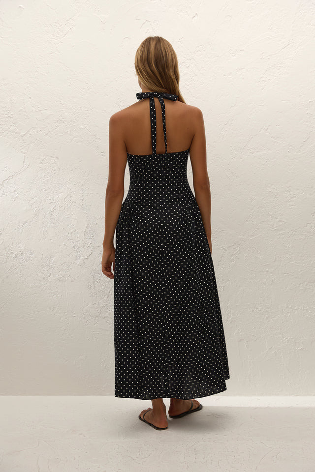 La Cala Midi Dress Lola Polka Dot Black Cream