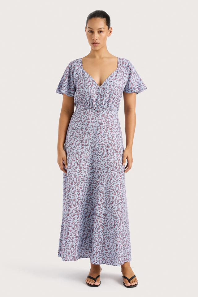 Faithfull | Women's Aurelia Midi Dress Amaryllis Floral Blue - Final Sale | M Faithfull | Women's Aurelia Midi Dress Amaryllis Floral Blue - Final Sale | M