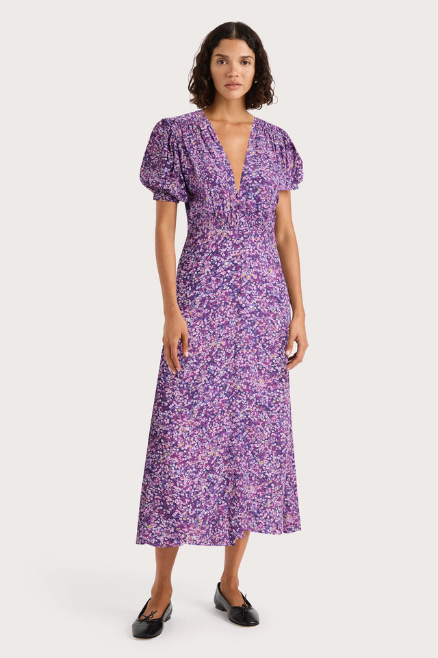 faithfull the brand purple dress Faithfull the Brand Arles Midi Dress Floral Puruple