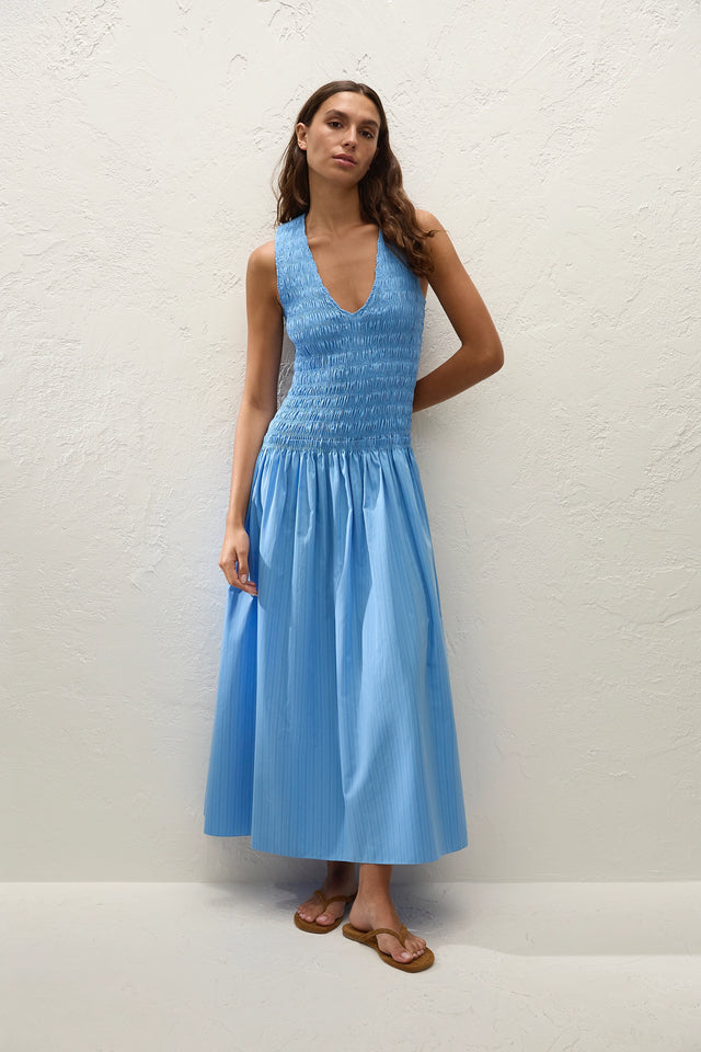 Faithfull | Women's Palomar Midi Dress Mico Pinstripe Azul | S Faithfull | Women's Palomar Midi Dress Mico Pinstripe Azul | S