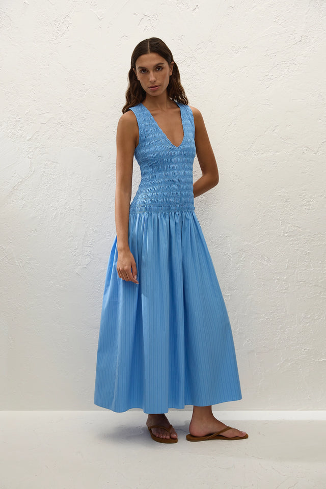 Palomar Midi Dress Mico Pinstripe Azul