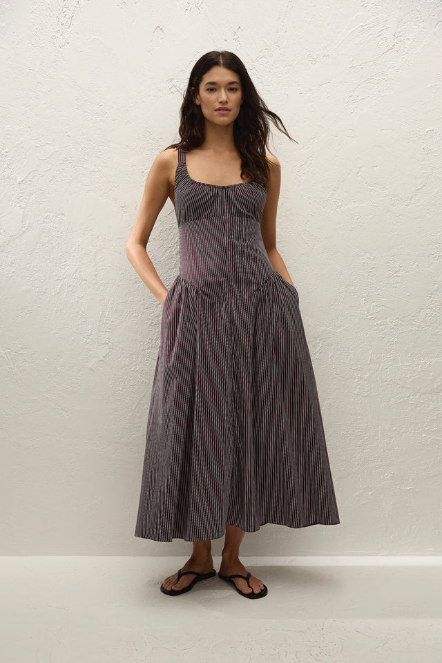 Olas Midi Dress Rocio Pinstripe Chocolate Plum