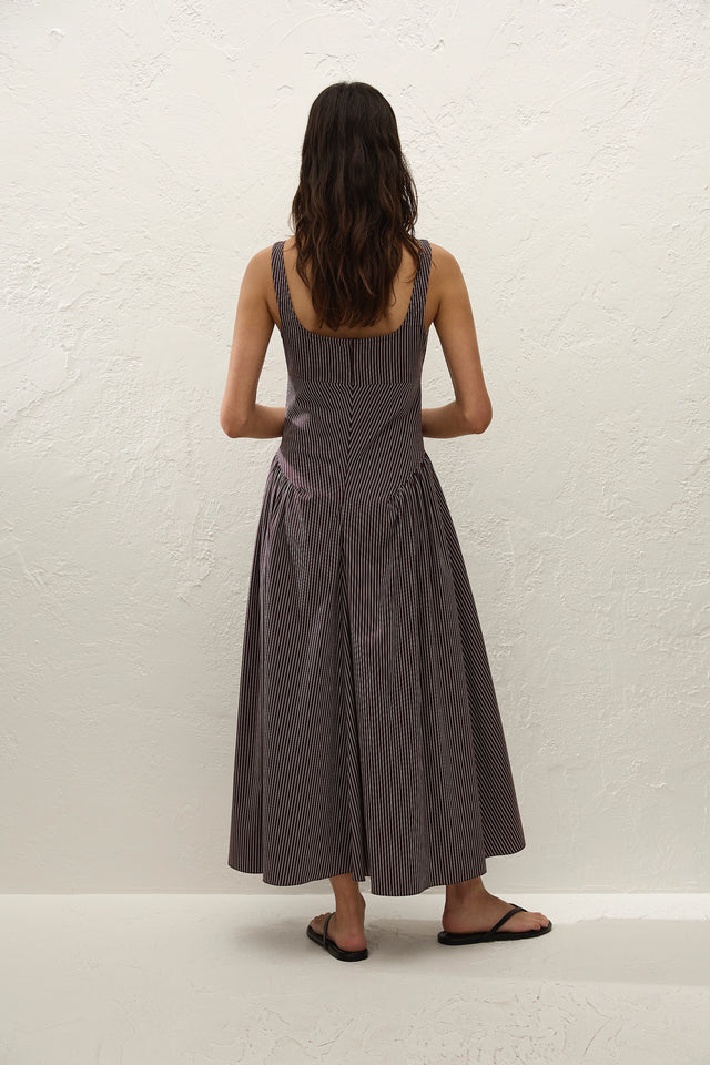 Olas Midi Dress Rocio Pinstripe Chocolate Plum