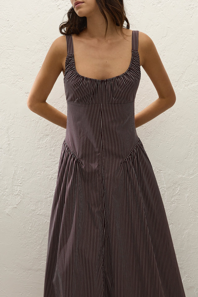Olas Midi Dress Rocio Pinstripe Chocolate Plum