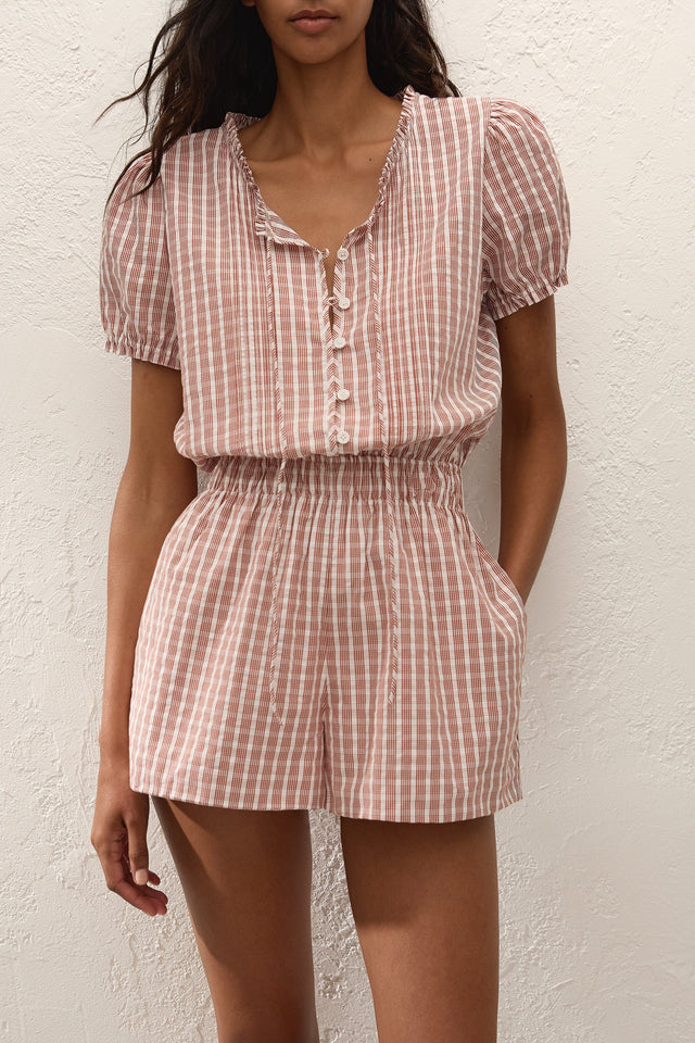 Emilie Playsuit Paloma Check Cinnamon White
