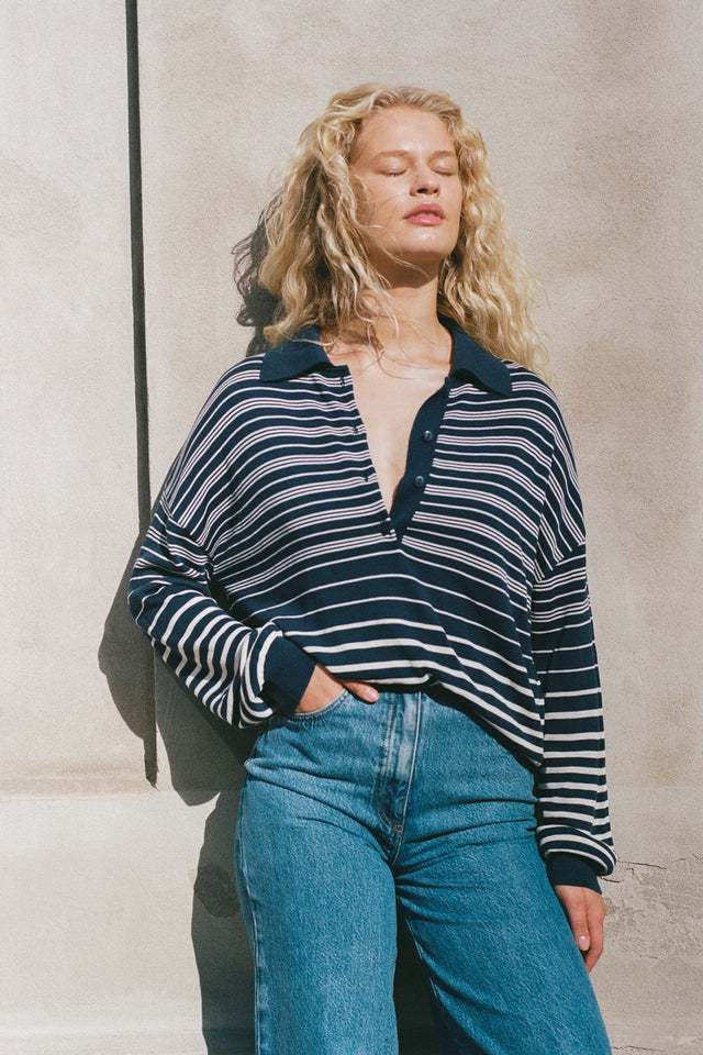 Harlow Oversized Polo Scandi Stripe Navy Cream