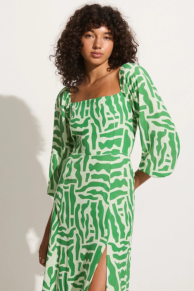 La Vita Midi Dress Tulli Print Green - Faithfull the Brand