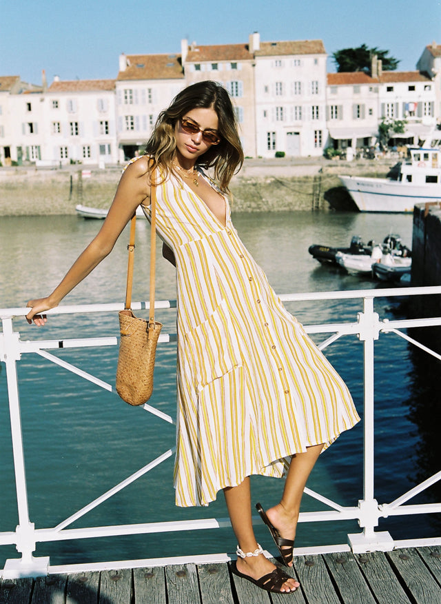 Azure Stripe Print Sun Claudia Midi Dress  - Final Sale
